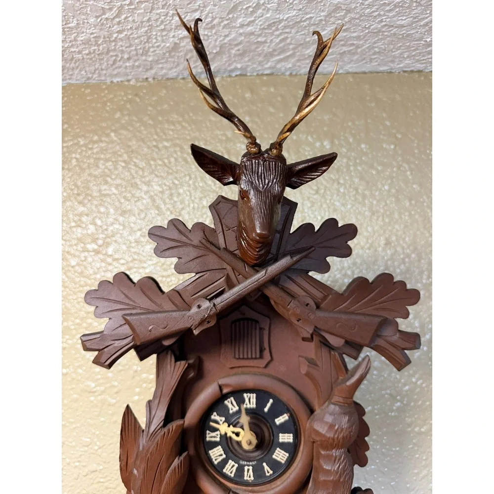 Vintage German Black Forest Cuckoo Clock Hunting Scene Stag Rifles Hand Carved